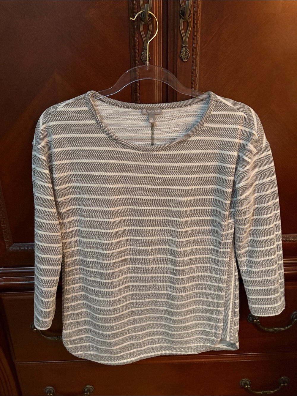 Talbots Gray and White Striped Boatneck Knit Top